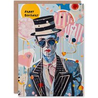Artery8 Men's Birthday Card Arty Portrait Clown Carnival Magic Abstract For Him Dad Brother Son Papa Grandad Greeting Card in Light Blue