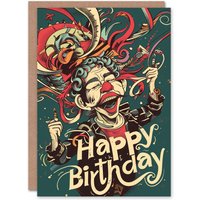 Artery8 Men's Birthday Card Weird Clown Drawing Colourful Trippy For Him Dad Brother Son Papa Grandad Greeting Card in Dark Green