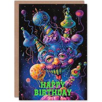 Artery8 Men's Birthday Card Weird Trippy Space Abstract Neon Magic For Him Dad Brother Son Papa Grandad Greeting Card in Blue