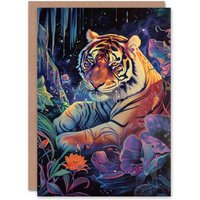 Artery8 Birthday Card Magical Fantasy Tiger Floral Mystic Stars Arty Art All Occasion Greeting Card
