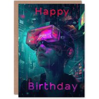 Artery8 Men's Birthday Card Cyberpunk Woman Portrait VR Neon For Him Dad Brother Son Papa Grandad Greeting Card in Pink