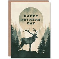 Artery8 Men's Father's Day Card Stag in Full Moon Forest Trees Abstract Animal For Him Dad Brother Son Papa Grandad Greeting Card in Dark Green