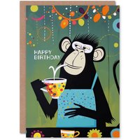 Artery8 Men's Birthday Card Chimp in Apron Tea Coffee Fun Quirky For Him Dad Brother Son Papa Grandad Greeting Card in Green