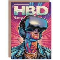 Artery8 Men's Birthday Card Pop Art Gamer VR Space Nerd Bright For Him Dad Brother Son Papa Grandad Greeting Card in Pink