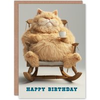 Artery8 Men's Birthday Card Chonk Cat Tea in Chair Cute Kawaii For Him Dad Brother Son Papa Grandad Greeting Card in Grey