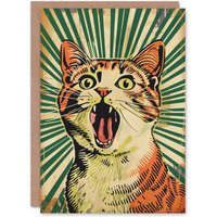 Artery8 Birthday Card Pop Art Cat Scream Fun Green Stripes Bold Arty Art All Occasion Greeting Card