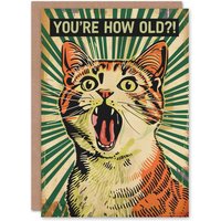 Artery8 Men's Birthday Card Pop Art Cat Scream How Old Joke Fun Bold For Him Dad Brother Son Papa Grandad Greeting Card in Green
