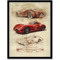 Artery8 Wall Art Print Red Sports Car Design Sketch Drawing Art Framed Poster in Black | Size: A4