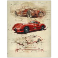 Artery8 Wall Art Print Red Sports Car Design Sketch Drawing Poster | Size: W24" x H32"