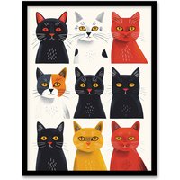Artery8 Wall Art Print Nine Cats Fun Quirky Animals Cat Lover Art Framed Poster in Black | Size: A4