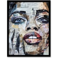 Artery8 Wall Art Print Woman Face Newspaper Collage Portrait Art Framed Poster in Black | Size: W12" x H16"