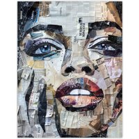Artery8 Wall Art Print Woman Face Newspaper Collage Portrait Poster in Grey | Size: W12" x H16"