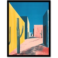Artery8 Wall Art Print Colourful Mexican Village Houses & Cacti Art Framed Poster in Black | Size: A4