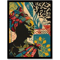 Artery8 Wall Art Print African Woman Colourful Pattern Portrait Painting Art Framed Poster in Black | Size: A4