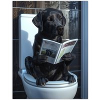 Artery8 Wall Art Print Dog Lover Funny Black Labrador Reading on Toilet Poster in Grey | Size: W12" x H16"