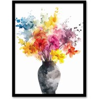Artery8 Wall Art Print Flower Bouquet in Vase Abstract Watercolour Art Framed Poster in Black | Size: A4