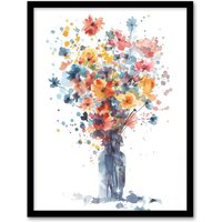 Artery8 Wall Art Print Wildflower Bouquet in Vase Abstract Watercolour Art Framed Poster in Black | Size: W12" x H16"