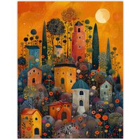 Artery8 Wall Art Print Flower Hill Village Sunset Folk Art Poster in Orange | Size: W12" x H16"