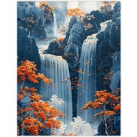 Artery8 Wall Art Print Chinese Style Waterfall Landscape Autumn Trees Poster in Blue | Size: W18" x H24"