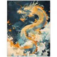 Artery8 Wall Art Print Japanese Blue Orange Water Dragon Painting Poster | Size: W18" x H24"