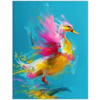 Artery8 Wall Art Print Flying Yellow Pink Duck Abstract Oil Painting Poster in Blue | Size: W12" x H16"