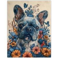 Artery8 Wall Art Print French Bulldog Puppy Dog Lover Floral Portrait Poster in Beige | Size: W12" x H16"