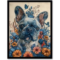 Artery8 Wall Art Print French Bulldog Puppy Dog Lover Floral Portrait Art Framed Poster in Black | Size: W12" x H16"
