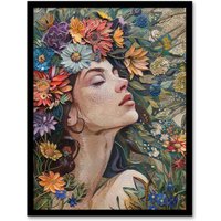 Artery8 Wall Art Print Woman Boho Portrait in Spring Flowers Mosaic Art Framed Poster in Black | Size: W12" x H16"