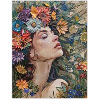 Artery8 Wall Art Print Woman Boho Portrait in Spring Flowers Mosaic Poster | Size: W12" x H16"