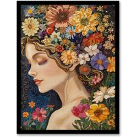 Artery8 Wall Art Print Woman with Spring Flower Headdress Mosaic Art Framed Poster in Black | Size: W12" x H16"