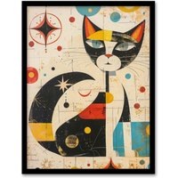 Artery8 Wall Art Print Abstract Mid Century Modern Atomic Cat Lover Art Framed Poster in Black | Size: A4