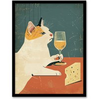 Artery8 Cat Drinking Glass of Wine Cheese For Kitchen Framed Art Print in Black | Size: A4