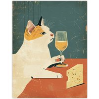 Artery8 Wall Art Print Cat Drinking Glass of Wine with Cheese Painting Poster in Orange | Size: W24" x H32"