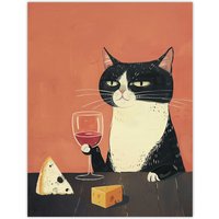 Artery8 Wall Art Print Tuxedo Cat Drinking Wine with Cheese Painting Poster in Orange | Size: W24" x H32"