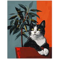 Artery8 Wall Art Print Tuxedo Cat Portrait Sitting in Plant Pot Poster in Orange | Size: W18" x H24"