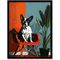 Artery8 Wall Art Print French Bulldog Chair & Potted Plant Portrait Art Framed Poster in Black | Size: A4