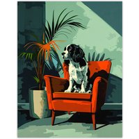 Artery8 Wall Art Print Springer Spaniel Dog Lover Red Armchair Portrait Poster in Green | Size: W24" x H32"