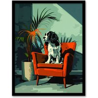 Artery8 Wall Art Print Springer Spaniel Dog Lover Red Armchair Portrait Art Framed Poster in Black | Size: A4