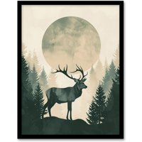 Artery8 Wall Art Print Full Moon Forest Hill Stag Grey Green Design Art Framed Poster in Black | Size: A4