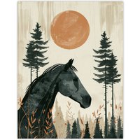 Artery8 Wall Art Print Horse & Pine Trees Simple Boho Style Painting Poster in Green | Size: W24" x H32"