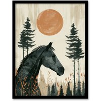 Artery8 Wall Art Print Horse & Pine Trees Simple Boho Style Painting Art Framed Poster in Black | Size: W12" x H16"