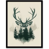 Artery8 Wall Art Print Stag Head & Pine Trees Forest Design Art Framed Poster in Black | Size: A4
