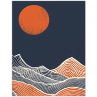 Artery8 Wall Art Print Sea Waves Lines Sun Blue Orange Abstract Painting Poster in Dark Navy | Size: W24" x H32"