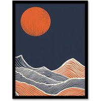 Artery8 Wall Art Print Sea Waves Lines Sun Blue Orange Abstract Painting Art Framed Poster in Black | Size: W12" x H16"