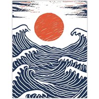 Artery8 Wall Art Print Sun with Sea Waves Orange Blue Seascape Painting Poster in White | Size: W12" x H16"