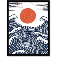 Artery8 Wall Art Print Sun with Sea Waves Orange Blue Seascape Painting Art Framed Poster in Black | Size: W12" x H16"