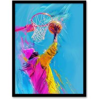 Artery8 Wall Art Print Slam Dunk Shot Basketball Player Abstract Art Framed Poster in Black | Size: W12" x H16"