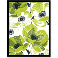Artery8 Wall Art Print Lime Green Poppy Flowers Poppies Floral Design Art Framed Poster in Black | Size: A4