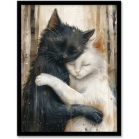 Artery8 Wall Art Print Black Cat White Cat Lover Hugging Watercolour Art Framed Poster | Size: A4