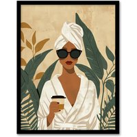 Artery8 Wall Art Print Plant & Coffee Lover Self Care Spa Day Art Framed Poster in Black | Size: W12" x H16"